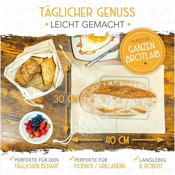 Krustenzauber Brottasche Leinen Brotbeutel im 2er oder 3er Set zur Brotaufbewahrung, (2-tlg) – Bild 3