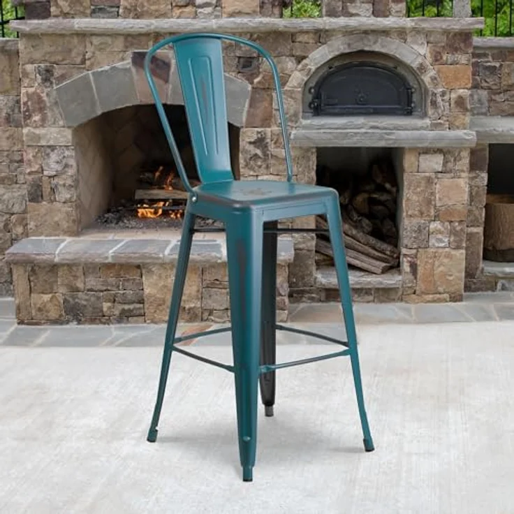 Flash Furniture Blake Barhocker mit Rückenlehne, kommerzielle Qualität, 76,2 cm hoch, Used-Look, Blaugrün, Metall, für drinnen und draußen, 4 Stück – Bild 3