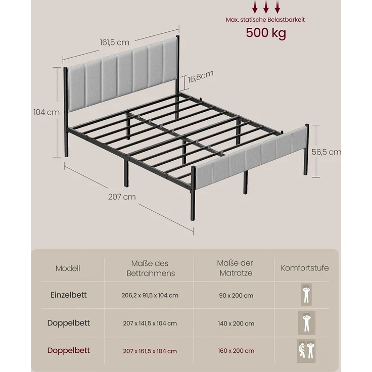 VASAGLE Doppelbett, 160x200 cm, mit gepolstertem Kopfteil, Bettrahmen, Stahl-Latten, trägt bis zu 500 kg, Stahl/Textil Taubengrau – Bild 2