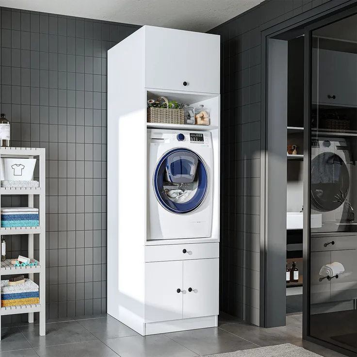 Roomart Waschmaschinenschrank SERIE 1 – 65 cm breit mit Ausziehbrett, Waschmaschinen-Überbauschrank für Waschküche & Bad • Weiß