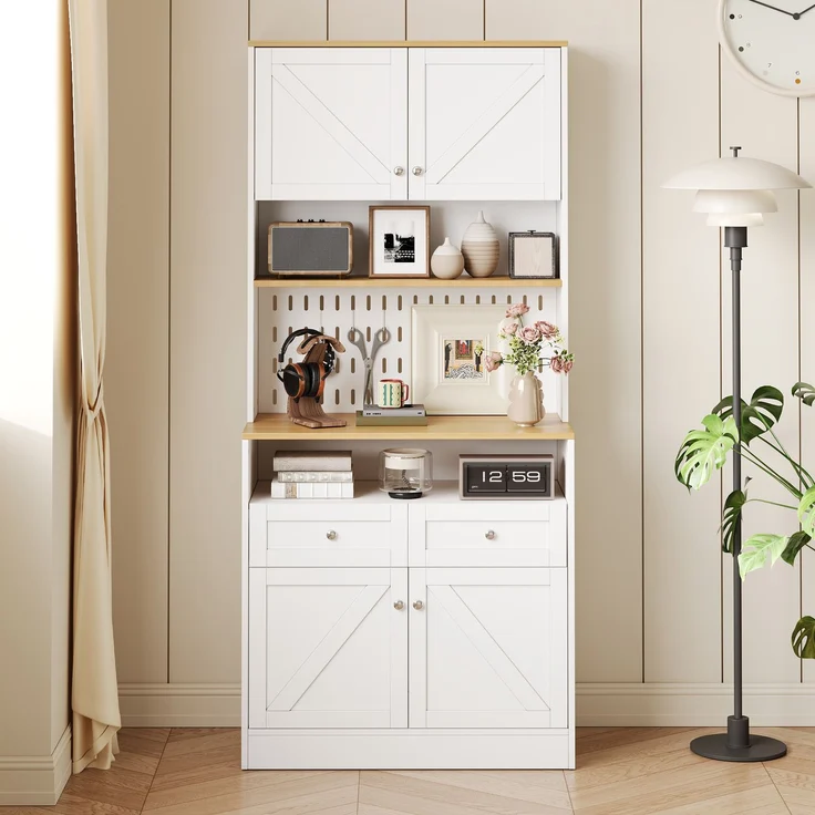 Stilvoller weißer Esszimmer Sideboard mit 2 Schubladen und 4 Türen – Elegantes Buffet für Küche, Esszimmer & Wohnzimmer mit Silber Griffen und großzügigem Stauraum--Weiß--80x40x175cm--YOUDENOVA – Bild 2