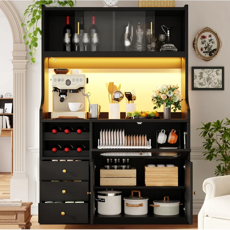 Küchenhochschrank 120x40x180 cm in Schwarz mit RGB-LED, Glasschiebetüren, Weinregal und 3 Schubladen – Bild 1