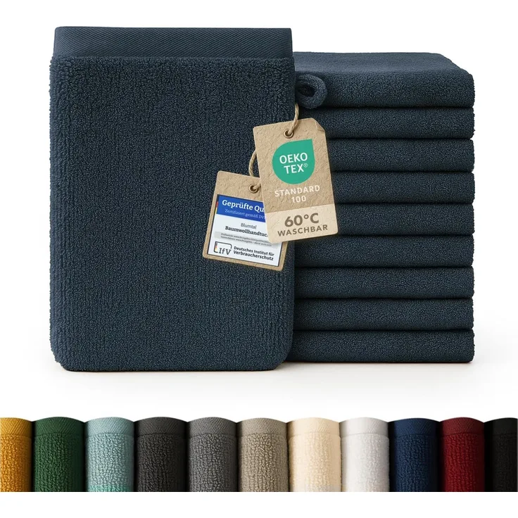 Blumtal Waschhandschuh 10er Set aus Frottee 15x20 cm - weich und saugstark, (Set), mit modischer Bordüre und praktischer Aufhängeschlaufe, 100% Baumwolle