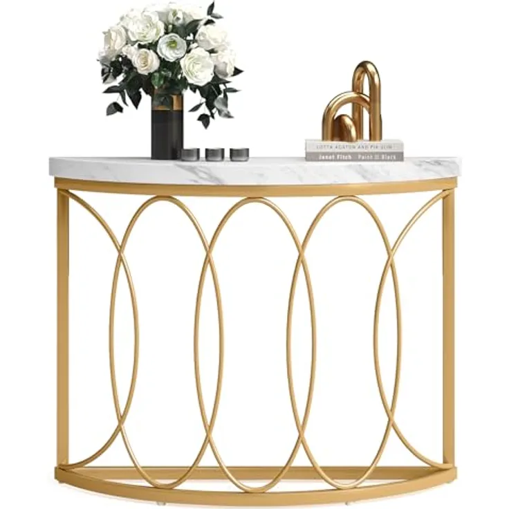 LITTLE TREE Half Moon Gold Konsolentisch, 109 cm, moderner Kunstmarmor-Eingangstisch, schmaler Halbkreis-Sofa-Akzenttisch mit geometrischem Metallrahmen für Wohnzimmer, Flur