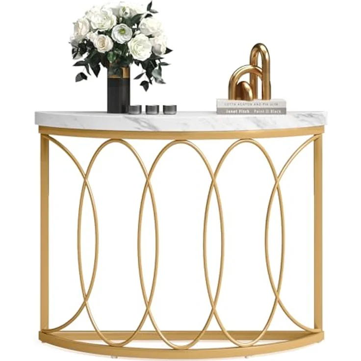 LITTLE TREE Half Moon Gold Konsolentisch, 109 cm, moderner Kunstmarmor-Eingangstisch, schmaler Halbkreis-Sofa-Akzenttisch mit geometrischem Metallrahmen für Wohnzimmer, Flur – Bild 1
