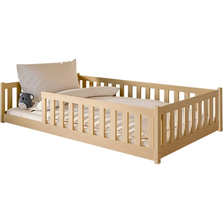Kids Collective Kinderbett Bodenbett Bett mit Rausfallschutz & Lattenrost Montessori Bett Kinder (Jungen, Mädchen, Kinder, weitere Größen 80x160, 90x200, 140x200 cm), Gitterbett Jugendbett natur mit Matratze Junge Mädchen 120x200cm – Bild 2