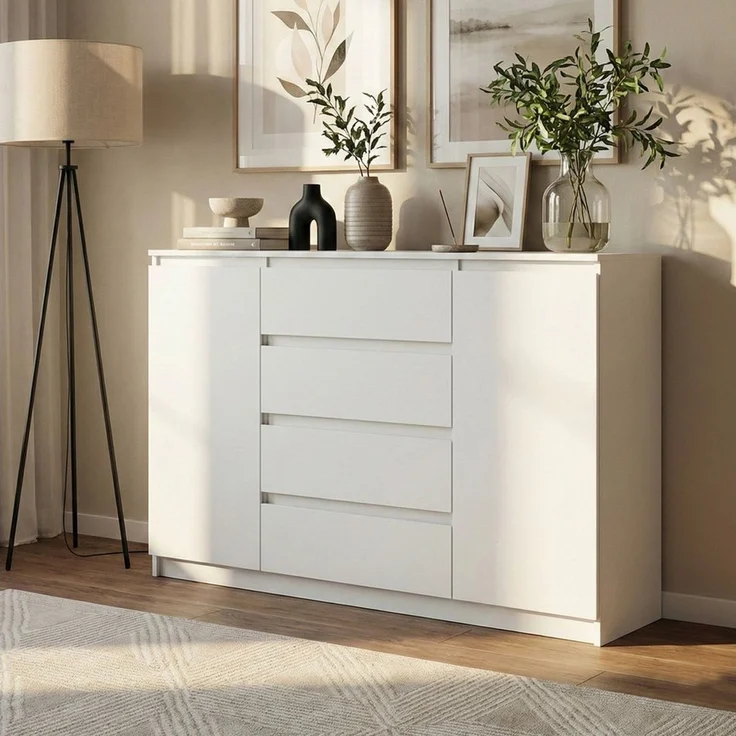 Beautysofa Kommode LEMON mit 4 Schubladen und 2 Türen (Kugelgelagerte Schubladenführungen, Weiß Modernes Sideboard), Breite: 120 cm oder 140 cm – Bild 1