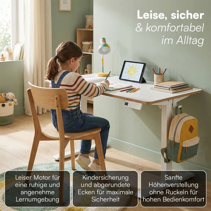 Bellabino 'Toro' Kinderschreibtisch 110x60 cm, elektrisch höhenverstellbar, weiß, Schreibtisch mit kindergesicherter Steuerung, LED-Höhenanzeige und 3 Speicherhöhen, Jugendschreibtisch mit Rucksackhaken, ab 6 Jahren – Bild 7