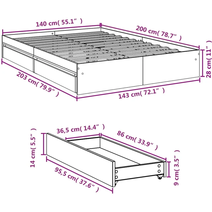 vidaXL Bettgestell mit Schubladen Weiß 140x200 cm Holzwerkstoff 3280657 – Bild 10