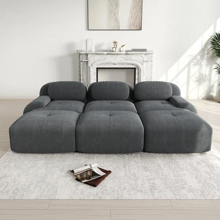 Modulares 3-Sitzer-Sofa mit 3 Hockern aus Cordstoff,montagefreie Lieferung haustierfreundlich ultra-breite Armlehnen 32D hochelastische Polsterung für Wohnzimmer und Heimkino,Cordstoff,Grey,