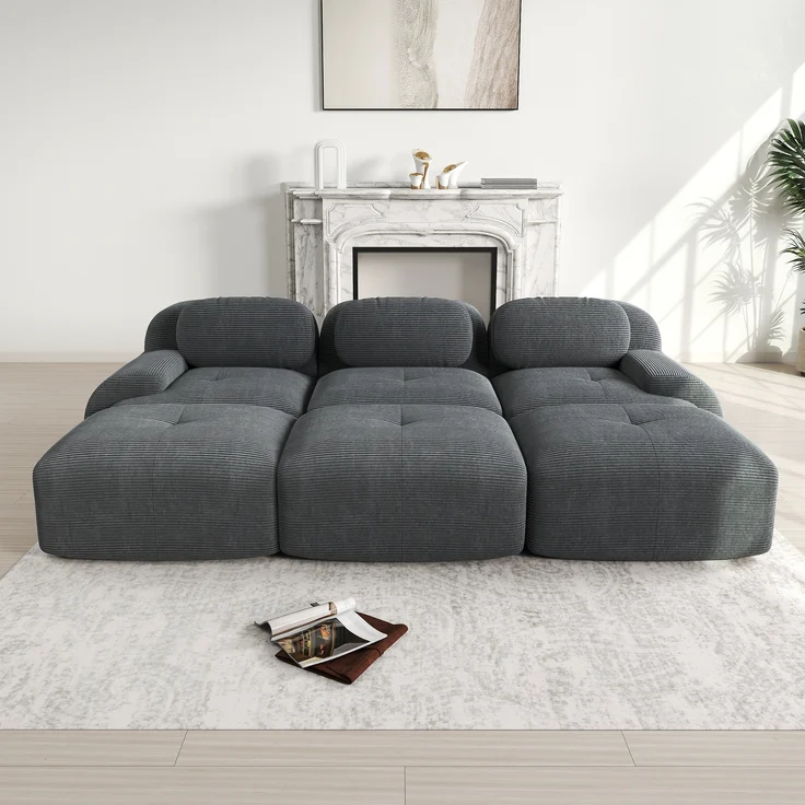 Modulares 3-Sitzer-Sofa mit 3 Hockern aus Cordstoff,montagefreie Lieferung haustierfreundlich ultra-breite Armlehnen 32D hochelastische Polsterung für Wohnzimmer und Heimkino,Cordstoff,Grey, – Bild 1