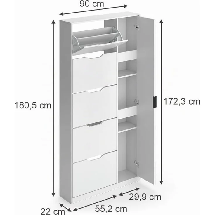 Schuhkipper Luca Weiß 90 x 180.5 cm mit 5 Kippfächern & Spiegel Vicco – Bild 2