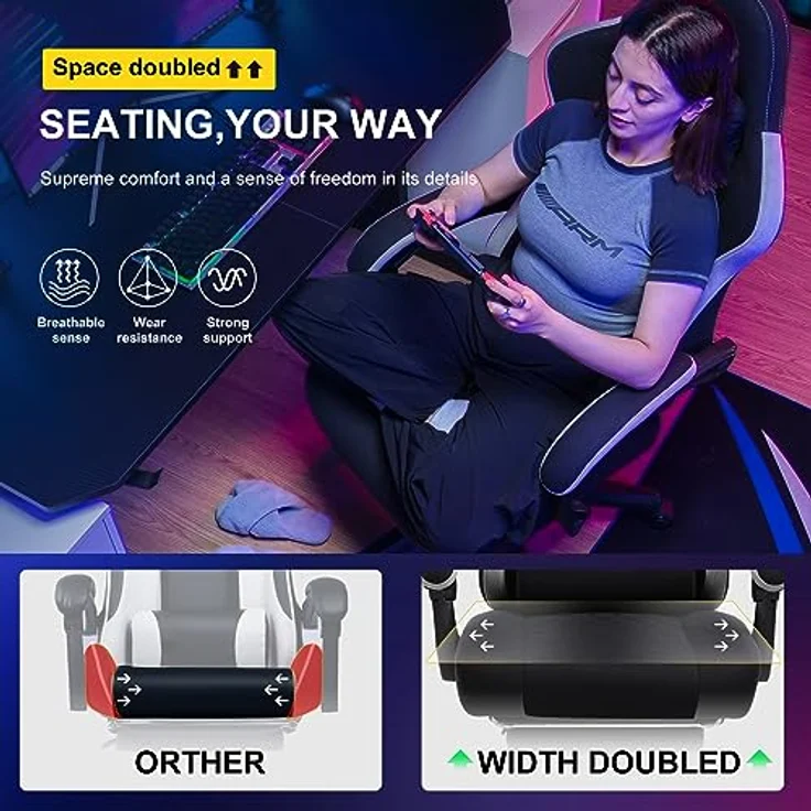 GTPLAYER Gaming Stuhl Ergonomischer Gaming Sessel Schreibtischstuhl mit Stoffoberfläche, Federsitzkissen, Verbindungsarmlehnen und Fußstütze schwarz – Bild 11