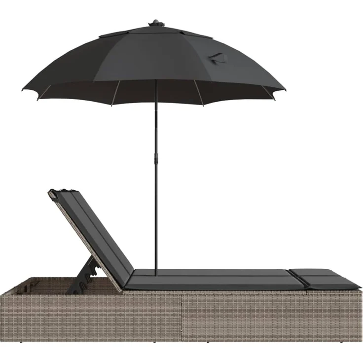Doppel-Sonnenliege, Gartenliege mit Kissen & Sonnenschirm Grau Poly Rattan – Bild 5