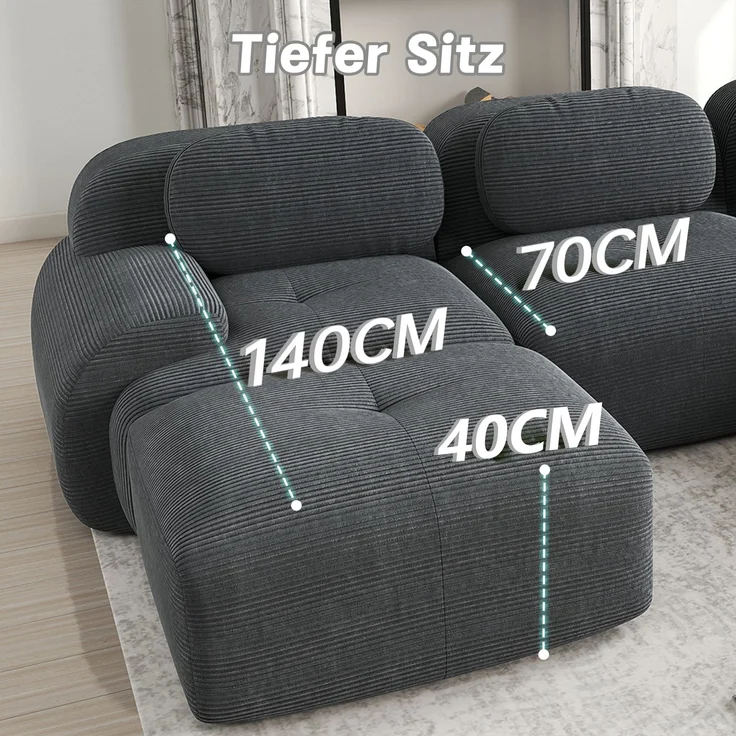 2-Sitzer Sofa 208×178×75 cm aus Cordstoff rahmenlos modular mit 2 Hockern, grau – Bild 6