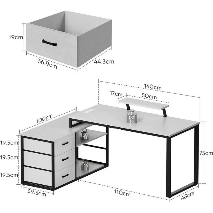 Furnicopia Eckschreibtisch 140cm mit Monitorarm, Computertisch mit drehbarer Tischplatte (Flexibel und schwenkbar, mit Steckdosen (2 Steckdosen + 2 USB-Anschlüsse), 3 großen Schubladen, 2 Ablageflächen)