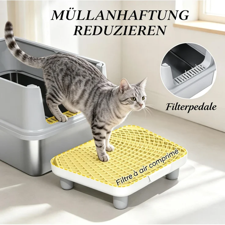 Katzenklo aus Edelstahl mit hohen Seitenwänden, Filtermatte, 60,2x40,2x29,6 cm, Silber/Grau – Bild 6