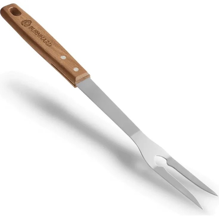 BURNHARD Grillbesteck-Set 4-tlg. 42 cm, Akazienholz Edelstahl, Grillzubehör mit Grillzange, Grillwender, Fleischgabel und Grillbürste mit extra-langen Holzgriffen und Aufhänge-Ösen, Braun – Bild 4