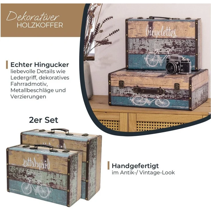 HMF Aufbewahrungsbox Vintage Koffer Holz, Aufbewahrungsbox mit Deckel und Ledergriff als (2er Set), Geschenkidee für Hochzeit oder Geburtstag, Fahrrad, 38 + 44 cm – Bild 2