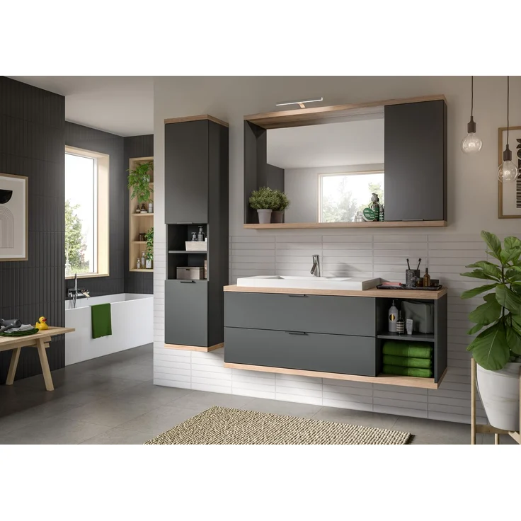 Spiegelschrank (B/H/T: 130x76x20 cm) in anthrazit grau Nachbildung – Bild 4