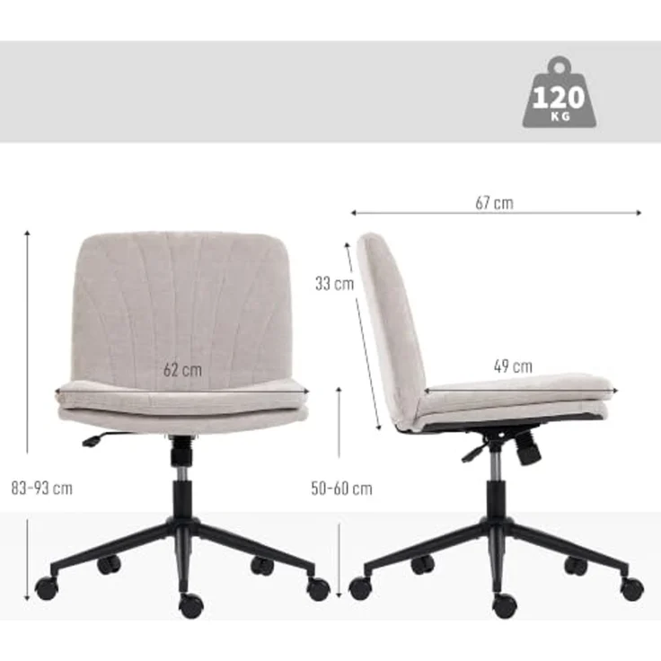 HOMCOM Homeoffice Stuhl Höhenverstellbar Drehstuhl Bürostuhl Beige | Schreibtischstuhl, Leinenoptik, Schneidersitz-Stuhl, Wippfunktion, Breiter Sitz, Rollen, Schminkstuhl, Schlafzimmer – Bild 3