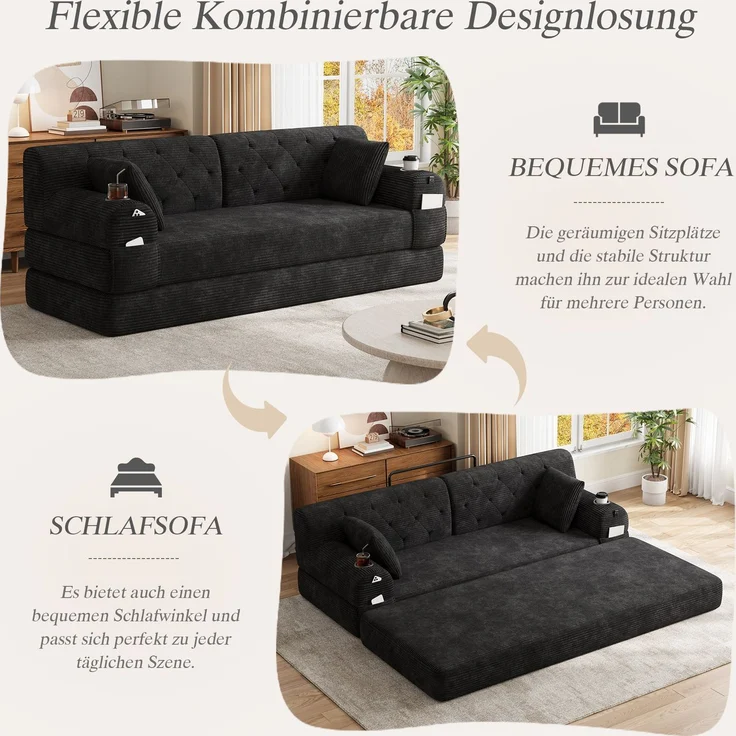 ZUBALIYA Schlafsofa 80x81 cm, mit Stauraum, mit Samtbezug, mit Cordbezug, mit Knopfheftung, mit breiten Armlehnen, Schwarz – Bild 3