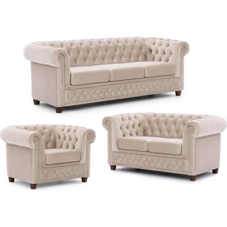 S-Style Möbel Polstergarnitur Chesterfield 3+2+1 Cleo Blink aus Samt mit Kristallsteppung, (1x 3-Sitzer-Sofa, 1x 2-Sitzer-Sofa, 1x Sessel), mit Wellenfederung