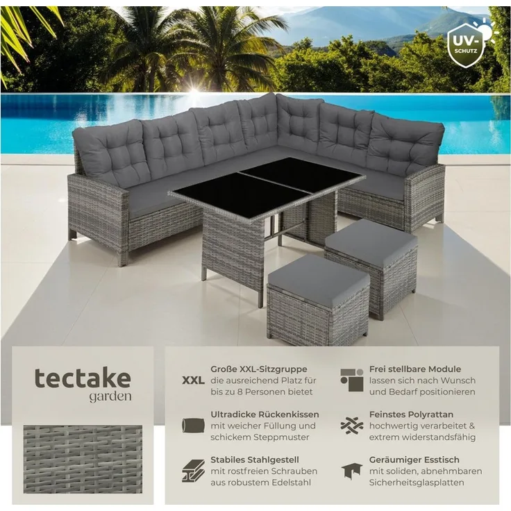 tectake Loungeset Rattan Sitzgruppe mit Sicherheitsglasplatten für 6 bis 8 Personen, (Gartenlounge-set Barletta, 6-tlg, 6-tlg. in Grau-meliert/Grau), widerstandsfähig und UV-beständig, dicke Rückenkissen