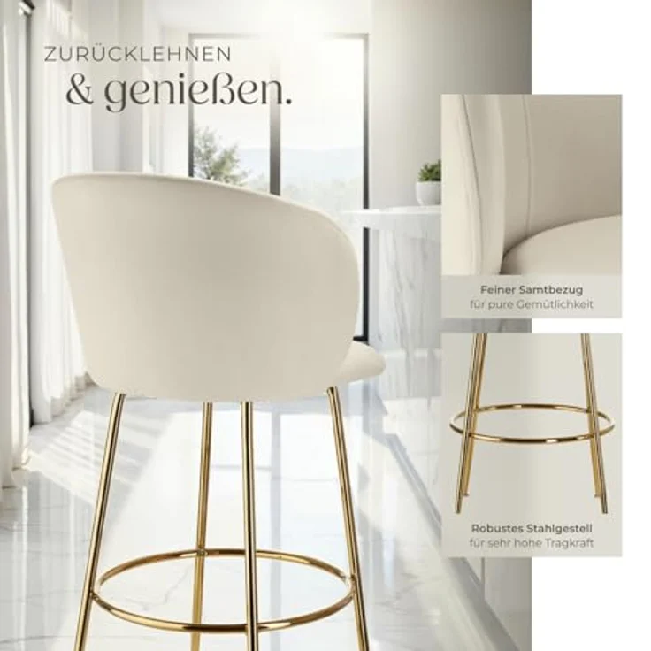 tectake Barstuhl Luana, Creme, Gold, gepolstert, ergonomisches Design, 51x106 cm, Esszimmer, Barhocker – Bild 6