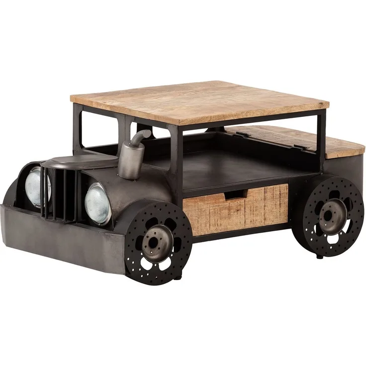 Rustikaler Sofatisch Car II 102x48x65cm Metall und Massivholz viel Ablage cooles Car-Design für Wohnzimmer und Bars massivum