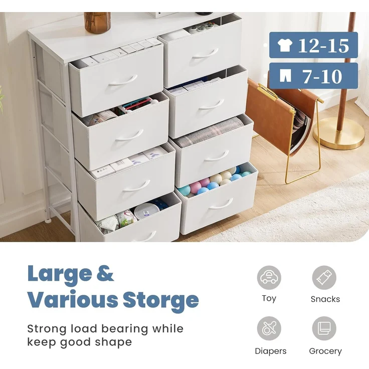 DUMOS Kommode für Schlafzimmer mit 8 Stoffschubladen, hohe Kommode Organizer für Kleidung, Schrank Kinderzimmer, Aufbewahrungsturm mit Schrank, Metallrahmen, Holzplatte, leichte Kinderzimmermöbel – Bild 5