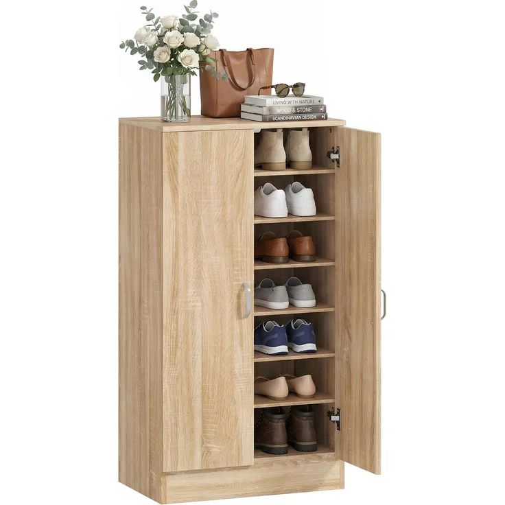 Schuhschrank mit 2 Türen, 6 verstellbare Regalböden, Soft-Close-Scharniere für 14 Paar Schuhe, Naturholz--Naturholz--108x35x55cm--YOUDENOVA