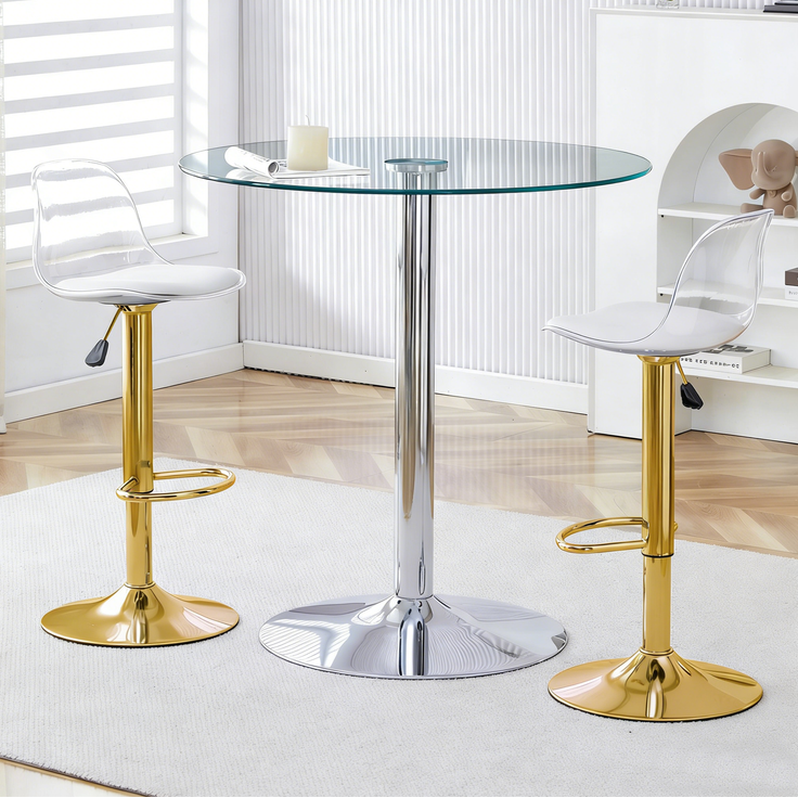 Bartisch-Set mit Glasplatte & 2 drehbaren Barhockern, Ø 89x92 cm, transparent/goldfarben – Bild 4