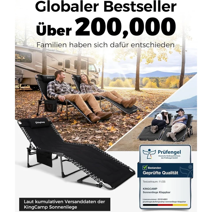 KingCamp Übergroße Sonnenliege Klappbar 5-Fach Verstellbar Gartenliege Liegestuhl Dreibeinliege Liege Campingliege mit Kopfkissen und Seitentasche bis 150 kg für Garten Urlaub Strand Pool 200x68 cm – Bild 11
