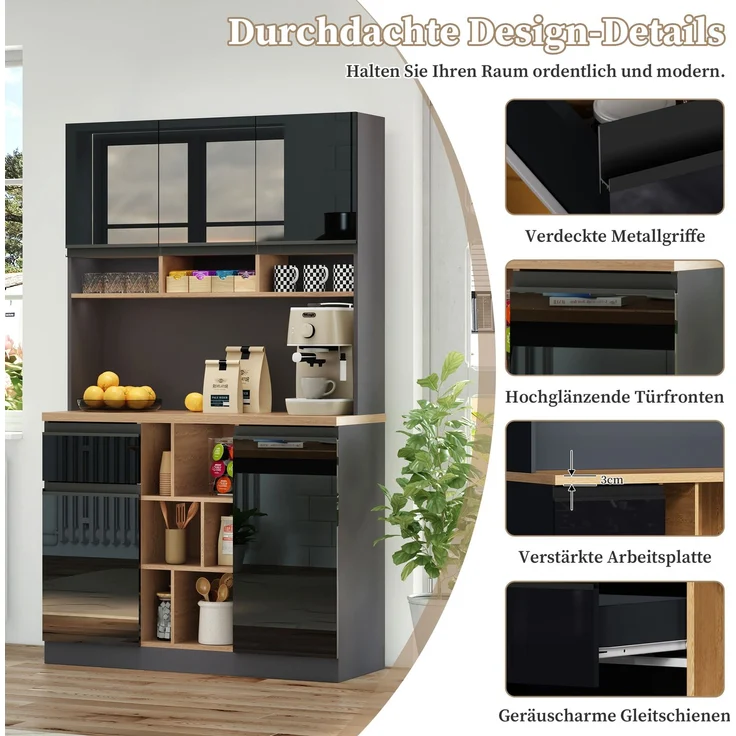 105×45×185cm,moderner Küchenschrank,Buffet,Sideboard,Grau und Schwarz,Metallgriffe,verstellbare Regale,Schubladen,offener Stauraum,Kippschutzzubehör,geeignet für Küche,Wohnzimmer und Schlafzimmer – Bild 8