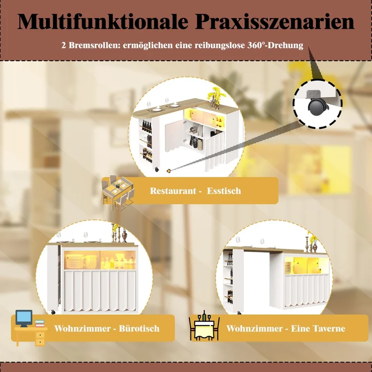 Merax Ausziehbarer Bartisch mit Stauraum(135-205×39×100cm) , Moderner Beweglicher Bar Table, Teleskopischer Bartisch mit LED, Stehtisch Bistrotisch, Weiß – Bild 7
