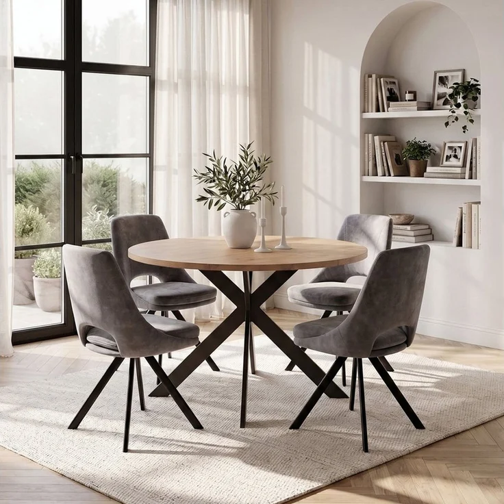 Jiexi Essgruppe Runder Esstisch 110cm MDF Set mit 4 Flanell Stühlen Kreuzgestell – Bild 1