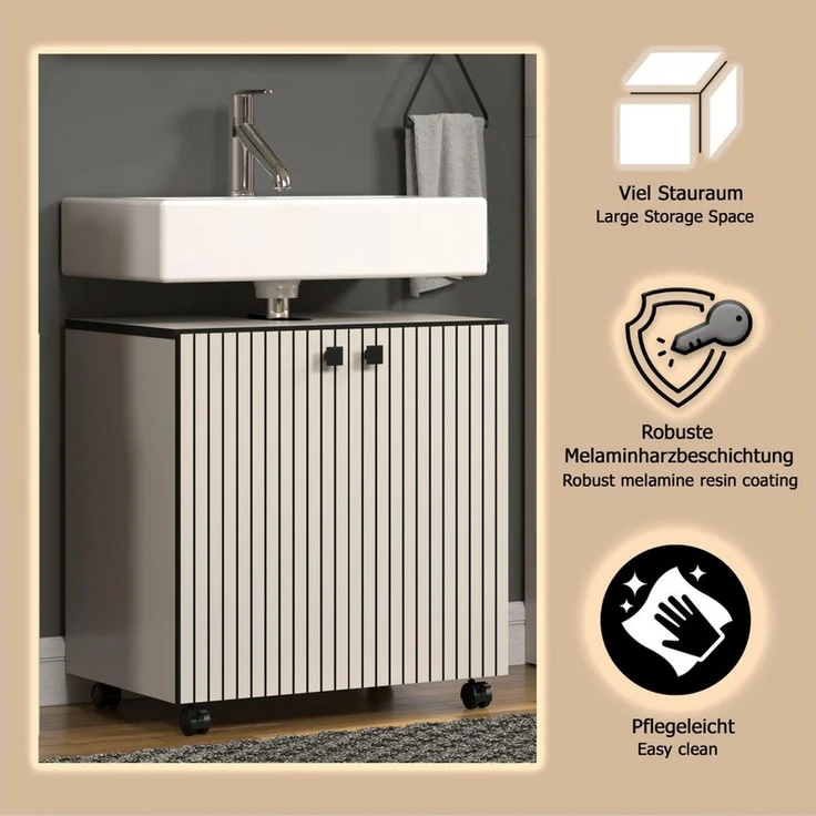 welltime Waschbeckenunterschrank Amrum Waschtisch auf Rollen - (B/T/H) wahlweise 60-80/42/64 cm – Bild 4