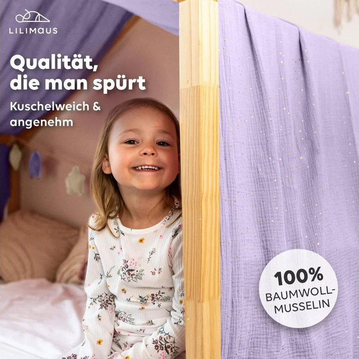 lilimaus Betthimmel Himmel für Hausbett Gold aus Musselin - 320, 360 oder 420 cm (1-tlg), feine Goldsterne überm Hausbett - zauberhafter Rückzugsort – Bild 2