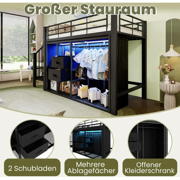 Hochbett mit Kleiderschrank, LED-Streifen, Lattenrost, Treppe und Rausfallschutz, 90x200cm, Kinderbett, Metallbett – Bild 4