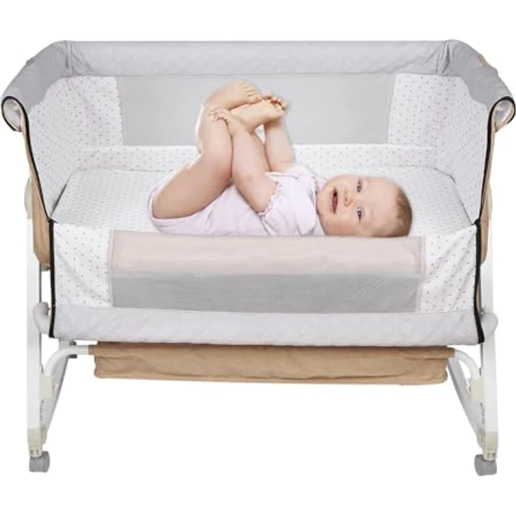 HUOLE 3 in 1 Beistellbett, Reisebett Baby mit Matratze, Babybett 6 Fach höhenverstellbar mit Aufbe, tragbarer Stubenwagen mit Rollen für Baby bis 36 Monaten-92 * 52 * 106-118cm – gebrochenes Weiß – Bild 2
