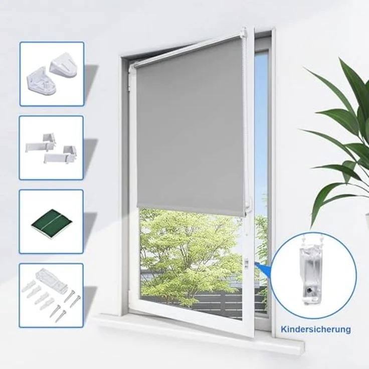 Verdunklungsrollo ohne Bohren Rollos für Fenster B100 x H170 cm (Stoffbreite 95cm) Hellgrau Thermo Rollo Klemmfix Verdunkelungsrollo Seitenzugrollo Sicht-und Sonnenschutz Wandmontage – Bild 4