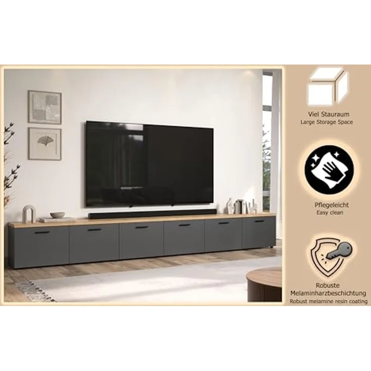trendteam smart living - Baggio - TV-Schrank - Grau/Eiche - TV-Möbel mit 3 Lowboards - (B x H x T) 360 × 50 × 40 cm - Moderner Stil – Bild 7