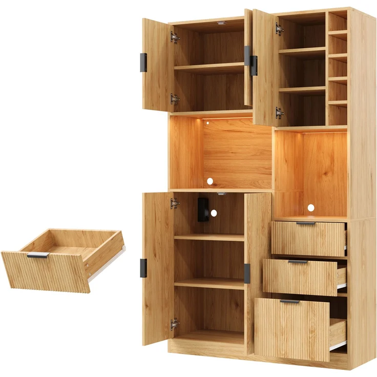 ZUBALIYA Weinschrank 105x40x180 cm, mit LED-Beleuchtung, mit Steckdosen, mit verstellbaren Einlegeböden, aus MDF, Natur – Bild 11