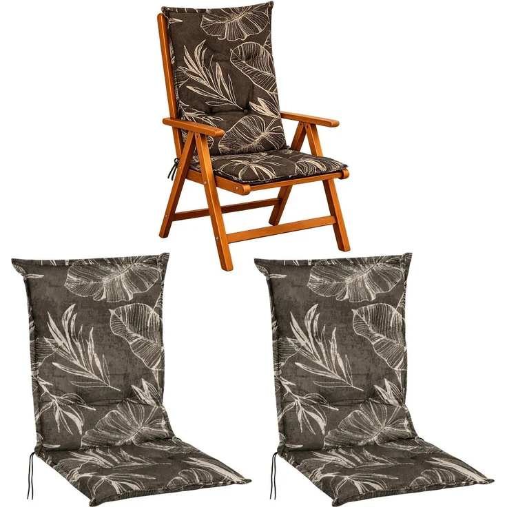 BURI 2x Hochlehner Auflage 117x49x6 cm - wetterfeste Gartenstuhlauflage mit Schaumkern & Vollvlies, Halteband & Bindebänder, bequemes Stuhlpolster für Balkon, Terrasse & Garten (Grau Blätter) – Bild 1