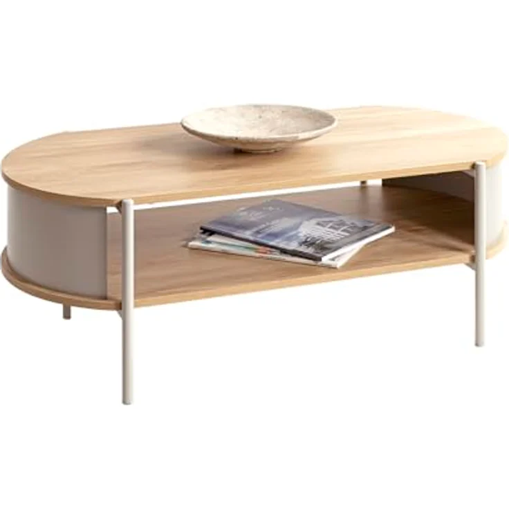 XXXL Couchtisch, Eiche hellgrau, oval, Metall, 54x37x100 cm, offenes Fach – Bild 6