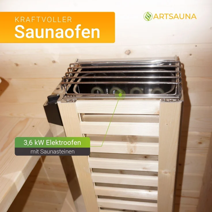 Artsauna Fasssauna Nolvik S, Outdoor-Sauna aus Fichtenholz, 3,6 kW Ofen, LED, Komplettset mit Sanduhr, Eimer & Thermometer, winterfest, Cube Design – Bild 5