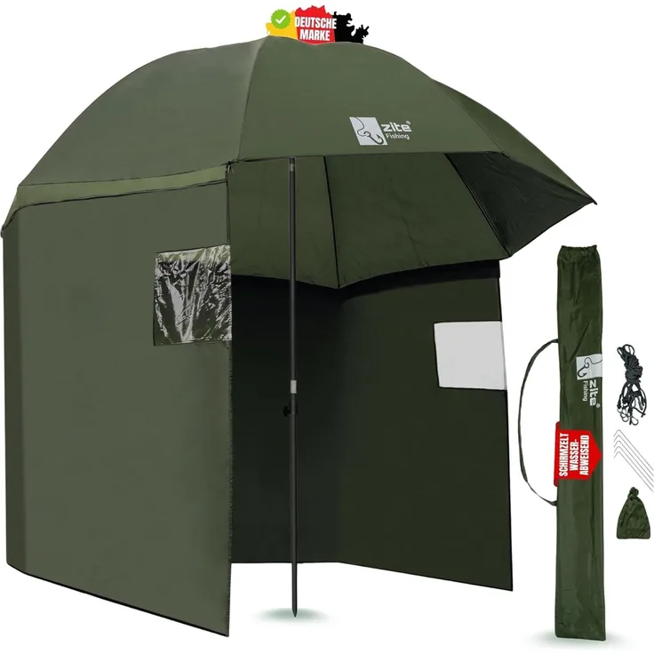 Zite Angelschirm Schirmzelt 250cm mit abnehmbarem Windschutz & Seitenfenstern, wasserabweisende Beschichtung