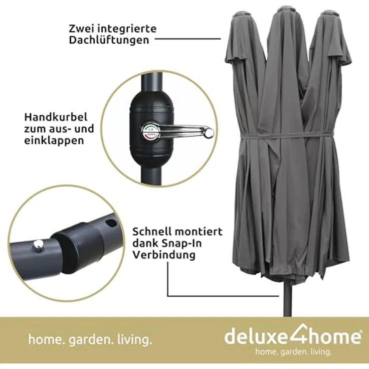 deluxe4home XXL Doppelsonnenschirm 450cm x 260cm, handkurbelbetrieb, anthrazit, doppelseitig faltbar, 180 g/m² Polyester – Bild 3