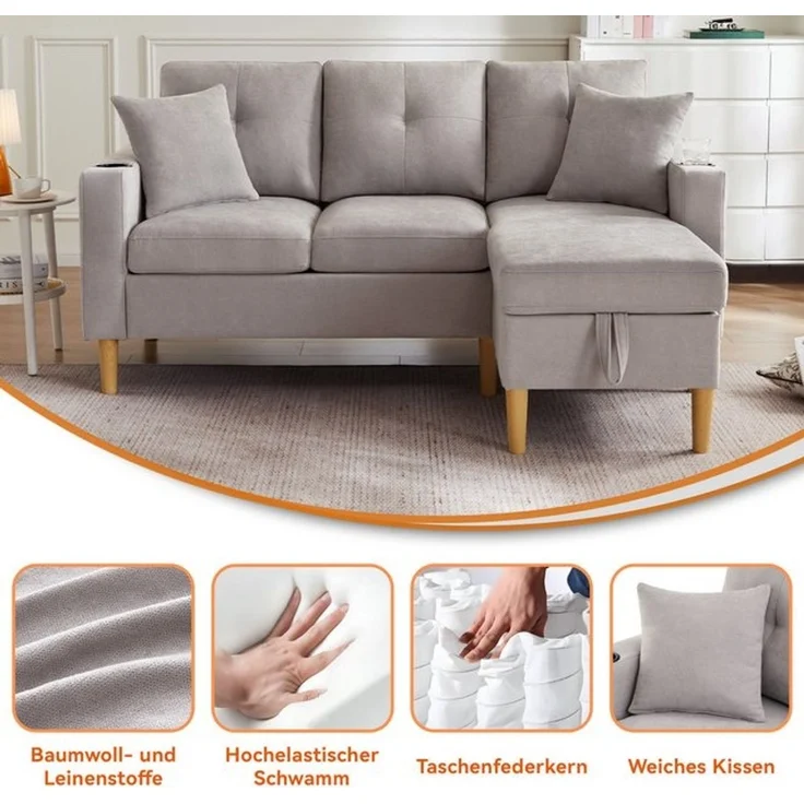 Merax 3-Sitzer Ecksofa Eckcouch in L-Form Eckgarnitur, L-förmiges Sofa aus Baumwoll- und Leinenstoff, 175*129*90cm 1 Teile, 3-Sitzer-Sofa mit integriertem Stauraum, Getränkehaltern und 2 Kissen – Bild 4